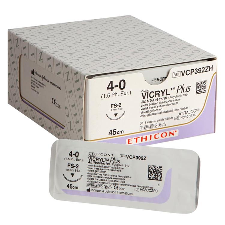 Coated Vicryl® Plus Antibacterial (polyglactine 910) hechtdraad 4-0snijdend 19mm FS-2 - paars gevlo
