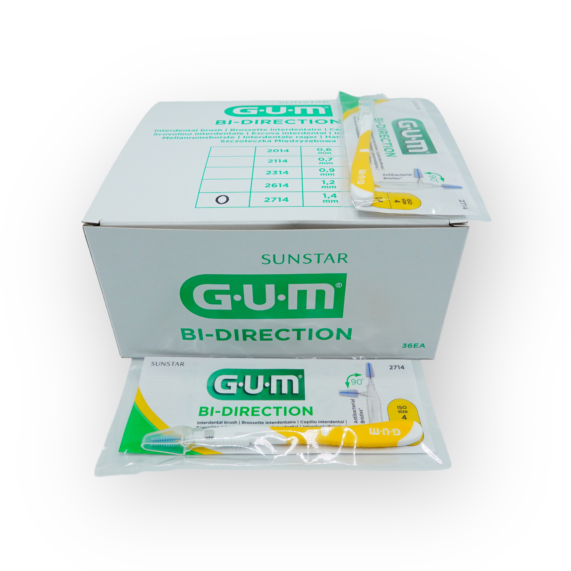 Gum Bi-Direction ragers 1,4 mm,  geel - bulk 36p/doos