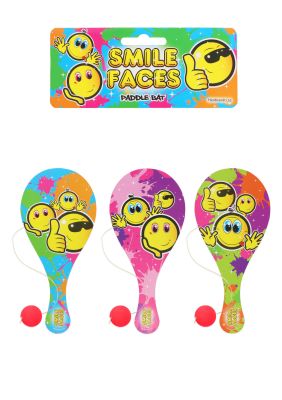 Jeu de raquette et balle en bois Smiley (22 cm) – 3 modèles 12 pcs